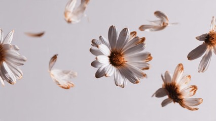 Fototapeta premium Abstract Floating Dried White Daisies against Neutral Background