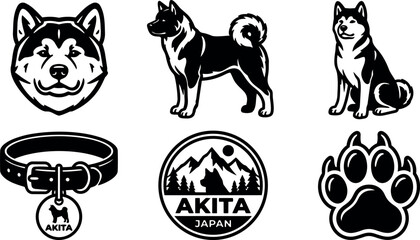 Fototapeta premium Flat design black and white akita dog emblem set including head profile standing and sitting badges collar tag paw print