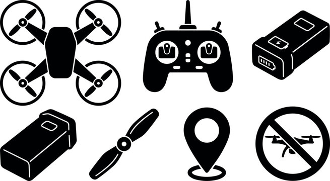 Flat design drone icon set top view quadcopter controller battery propeller location pin no drones sign black silhouettes vector minimal