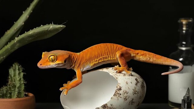 A vibrant gecko perched on an egg amidst desert plants.