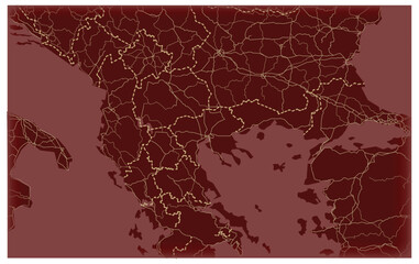  Vector map of the Balkan Peninsula featuring country borders, transportation networks, and coastal geography in a modern minimalist cartographic style