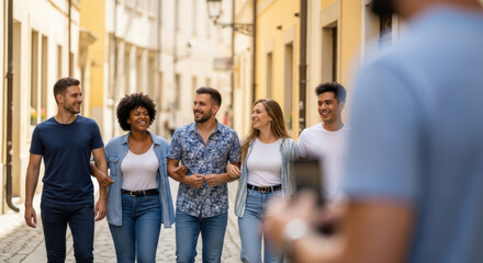 Obraz premium Diverse group of friends walking together on a city street