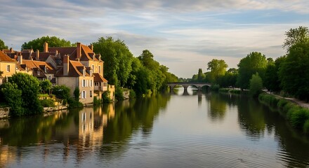 Obraz premium Idyllic River Scene in France - Reflections and Tranquility.