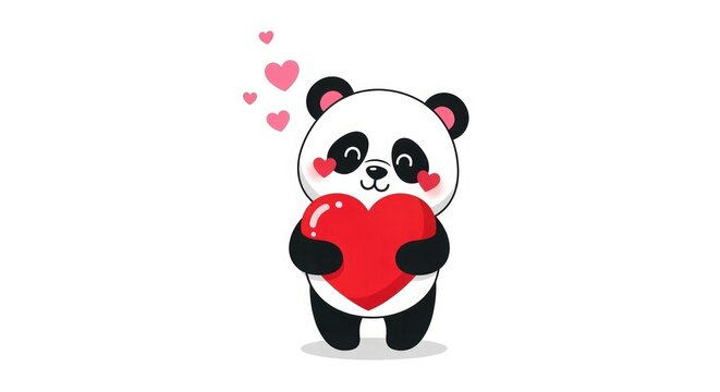 Cute cartoon panda bear holding red heart with love hearts floating around in illustration