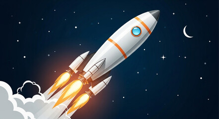 Rocket Launching Into Space Against Starry Night Sky. © anggi