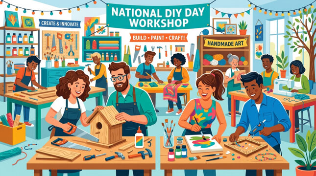People engaged in woodworking at national diy day workshop with tools and projects on tables