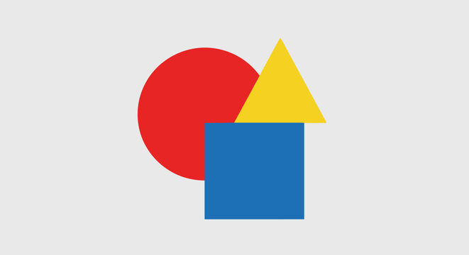 Colorful geometric shapes: red circle, blue square, yellow triangle. Abstract composition on a light background. Basic forms illustration.