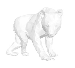 Polygonal polar bear composed of geometric shapes and clean lines stands on a stark white background. This minimalist vector illustration uses a low poly art style for an abstract and modern look.