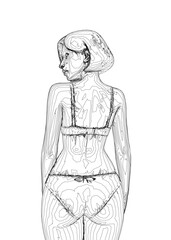A minimalist contour sketch of a girl in underwear, drawn with a line on a textured paper background.
