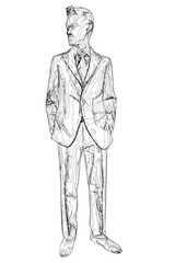 A classic man in a tailored suit stands with hands in pockets against a white background. He wears a crisp shirt and patterned tie with a serious expression.