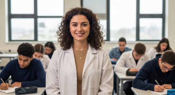 A female teacher standing in a classroom with students