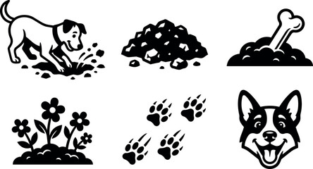 Obraz premium Flat design dog digging and paw print icon set showing bone mound flowers dog head playful close up smiling vector