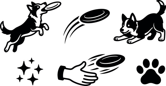 Minimalist vector dog catching frisbee midair jumping side view with throwing hand paw icons playful bold silhouette flat black white