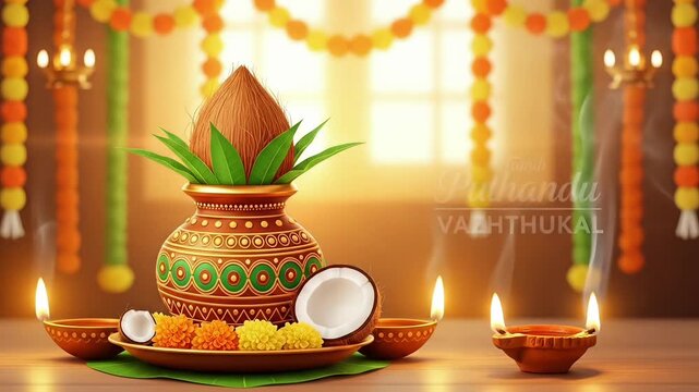 Traditional festive kalash coconut arrangement with diya marigold decoration greeting Tamil Puthandu Vazhthukal celebrating Happy Tamil New Year culture video
