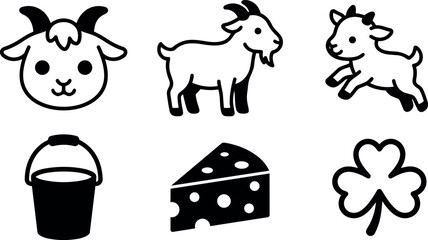 Fototapeta na wymiar Line art goat icon set showing cute goat face standing goat jumping kid milk bucket cheese wedge and clover symbol