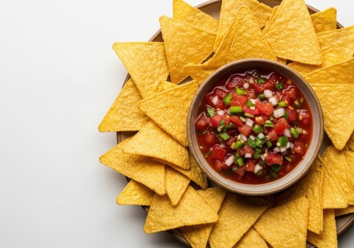 Crispy golden corn tortilla chips surrounding a ceramic bowl filled with vibrant red and green chunky tomato salsa dip, ready for dipping and sharing, sharing, close up, healthy