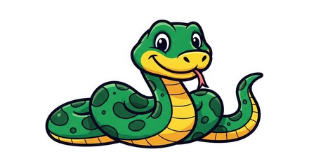 Fototapeta premium A cartoon snake with a smiling face and vibrant green scales, curled up in a playful pose, illustrated in a simple style.