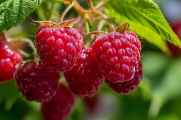 Ripe red raspberries growing on green bush