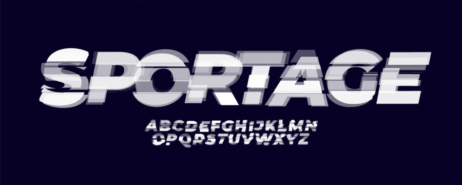 Sportage Font Logo Alphabet Glitch Display Letter Set Modern Typography, Bold Italic Typographic Design for Abstract Digital Sport Title Text, Typo Poster Headline, Race Fonts. Vector Typeface