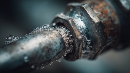 Close-up of a corroded pipe connection with water condensation suggesting a potential gas leak hazard and need for repair or inspection.