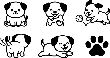 Obraz premium Line art close puppy icon set showing playful happy white dog poses including sitting jumping running wagging tail paw minimal