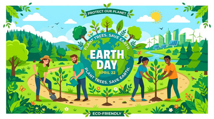 Earth day illustration with diverse people planting trees in a park promoting eco friendliness and environmental protection on april 22