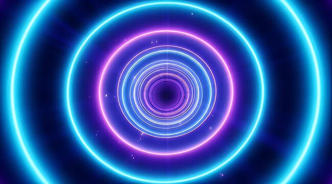 Abstract glowing concentric circles of blue and purple light in tunnel