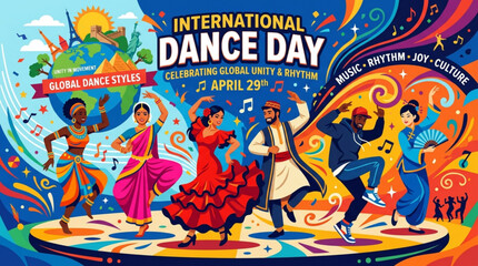 Vibrant dancers celebrate international dance day with colorful costumes and joyful movements on stage