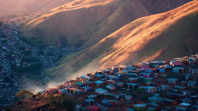shantytown. Hillside shantytown with corrugated metal roofs in warm twilight. real-estate listings, architecture portfolios, designed for interior renovation comparisons for interiors.
