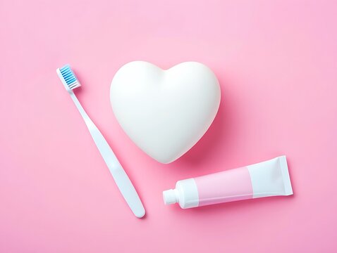 Toothbrush toothpaste heart shaped object on pink background