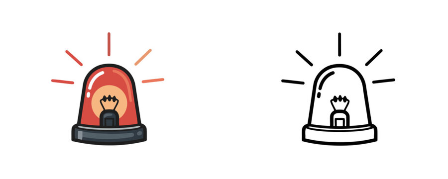 Red flasher siren and its line art version in cartoon style for emergency warning or ambulance police alarm representation isolated on a white background