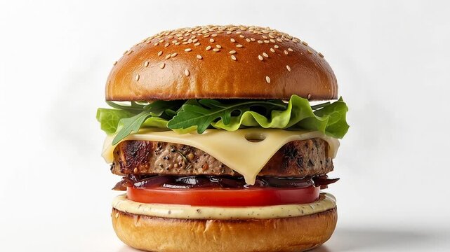 Gourmet burger being assembled with layers of ingredients coming together in motion footage