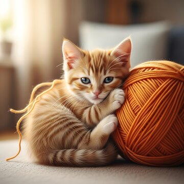 Orange kitten cuddling a large ball of yarn against blurred background