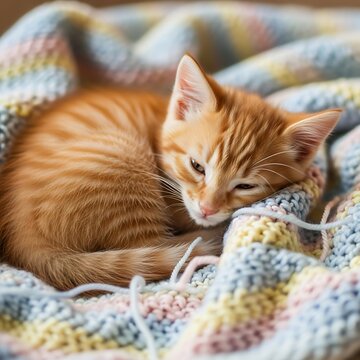 Orange kitten curled up in soft blanket with neutral background