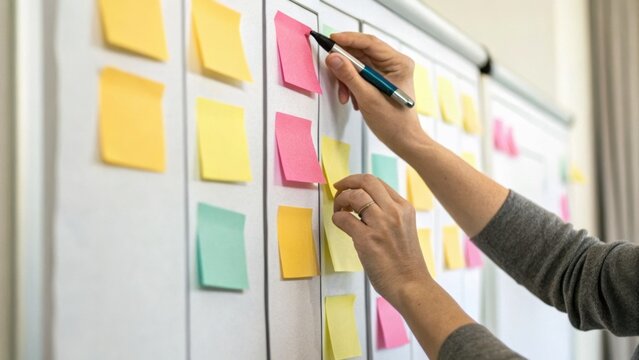 Person organizing colorful sticky notes on a whiteboard, planning or brainstorming ideas in a collaborative or office setting.