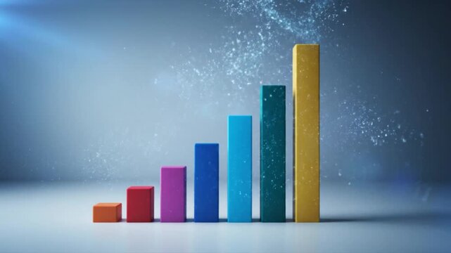 Vibrant 3D bar chart with colorful blocks and bright lights