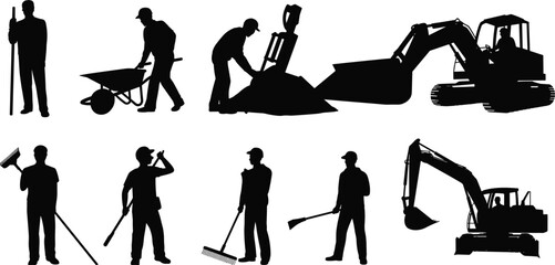 Construction workers and excavator machinery silhouettes set, industrial labor team with wheelbarrow, shovel and heavy equipment vector illustration isolated on white background © SreeRupali