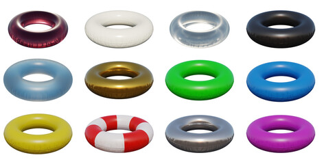 Multicolor inflatable swimming ring mockup set. PNG 3D plastic lifebuoy isolated on transparent...