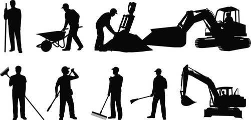 Construction workers and excavator silhouettes collection, industrial labor team with wheelbarrow, shovel and heavy machinery vector illustration isolated on white © SreeRupali