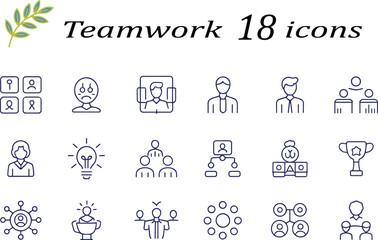 Teamwork collaboration line icon set vector, business team leadership communication partnership organization symbols for company web interface design