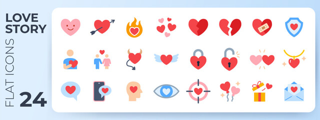 Naklejka premium Love story flat icons. Romantic symbols including Cupid arrow, broken heart, bandage, shield, devil, angel wings, couple, target, gift, and empathy, divorce for Valentine day design.