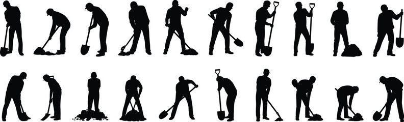 Manual labor worker silhouettes with shovel tools, construction and landscaping digging poses collection, industrial workforce vector illustration isolated on white background © SreeRupali