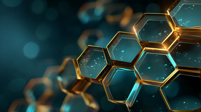 Abstract Glass Hexagon Network Futuristic Technology Background ultra realistic 3D abstract background composed of layered hexagonal glass panels forming a futuristic honeycomb str