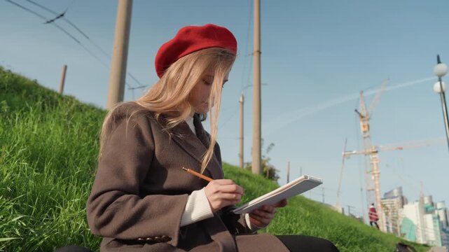Woman sketching on grassy slope wearing red beret and brown coat focused on notebook and pencil urban skyline with cranes and lampposts clear blue sky reflective mood roles include illustrator, travel