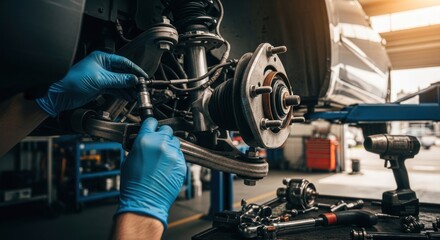Mechanic in blue gloves working on vehicle's wheel and suspension in a well-lit garage