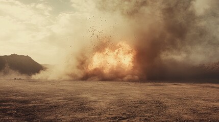 Fototapeta premium Massive explosion in a dusty desert landscape. A fiery vortex erupts, sending debris and dust into the air