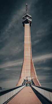 Avala TV Tower near Belgrade seen from below with dramatic sky