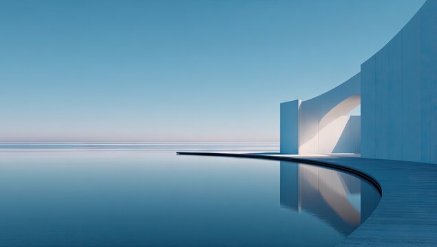 Minimalist white architecture overlooking serene water under a cloudless sky