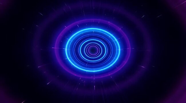 Abstract glowing neon circles in dark space creating a tunnel illusion