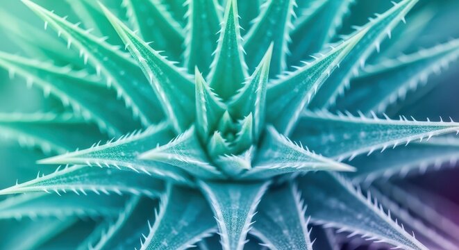 Sharp macro view of prickly succulent needles shimmering in vibrant aqua and cool menthe pastel colors, illustrating desert growth texture, desert, concept, spine